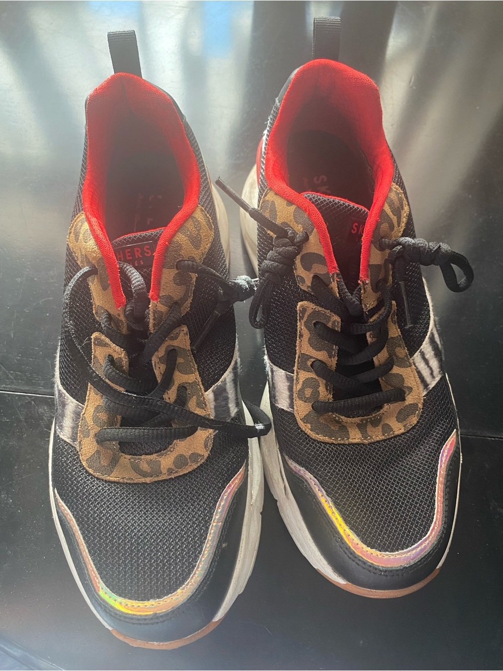 Skechers Black Leopard Print Sneakers with Red Lining